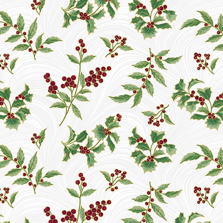 Benartex, A Winter's Day, Holly & Waves, White