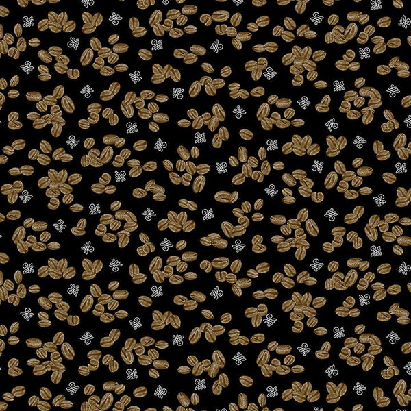 Benartex Fabric, Perfect Brew, Coffee Beans, Black