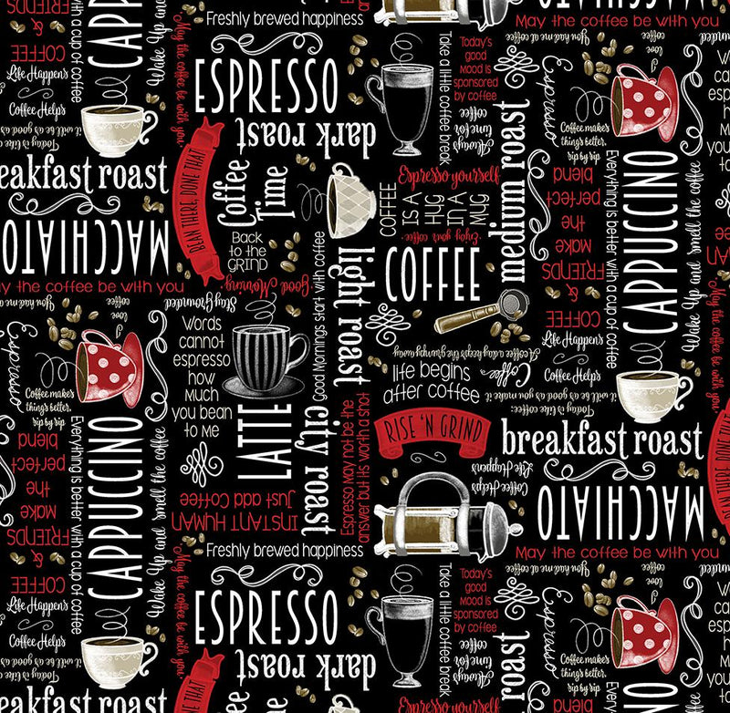 Benartex Fabric, Perfect Brew, Coffee Time Words, Black
