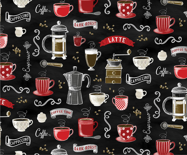 Benartex Fabric, Perfect Brew, Rise 'N Grind, Black