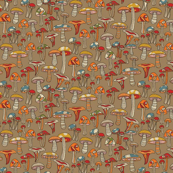 Benartex Fabric, Small Wonders, Mini Mushrooms on Taupe