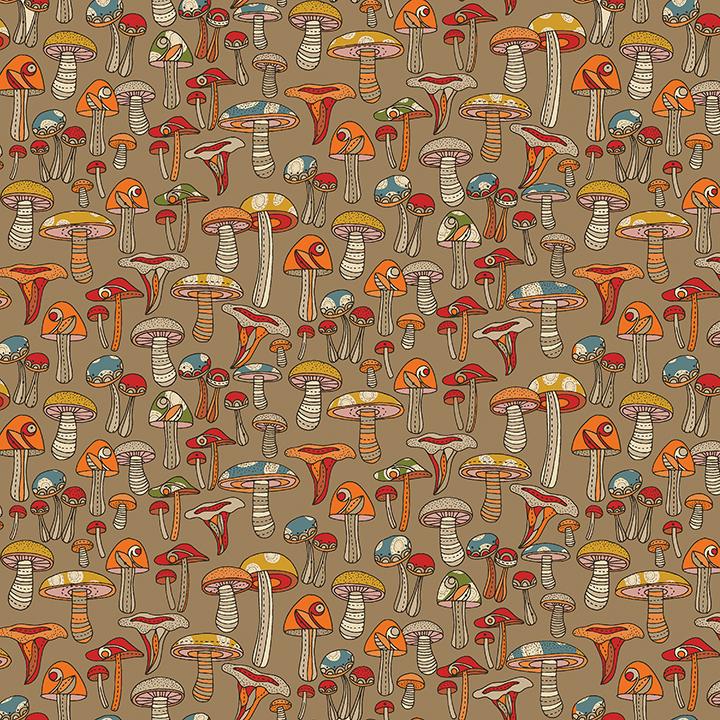 Benartex Fabric, Small Wonders, Mini Mushrooms on Taupe