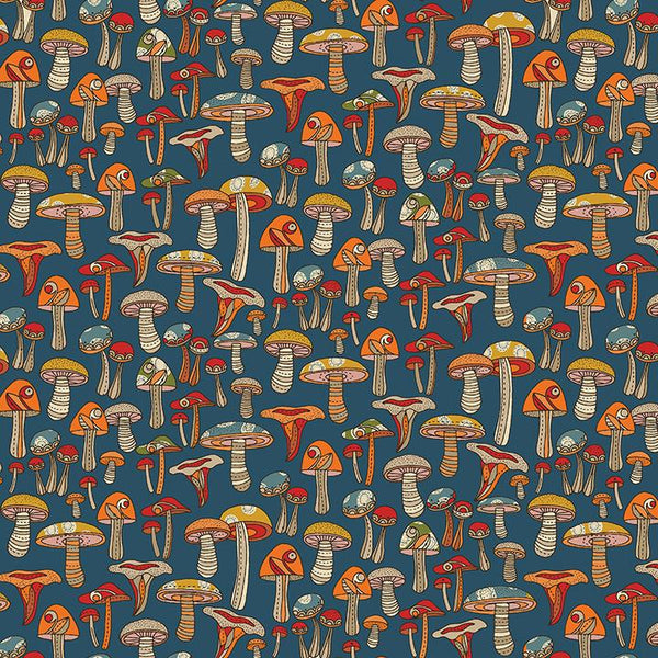 Benartex Fabric, Small Wonders, Mini Mushrooms on Teal