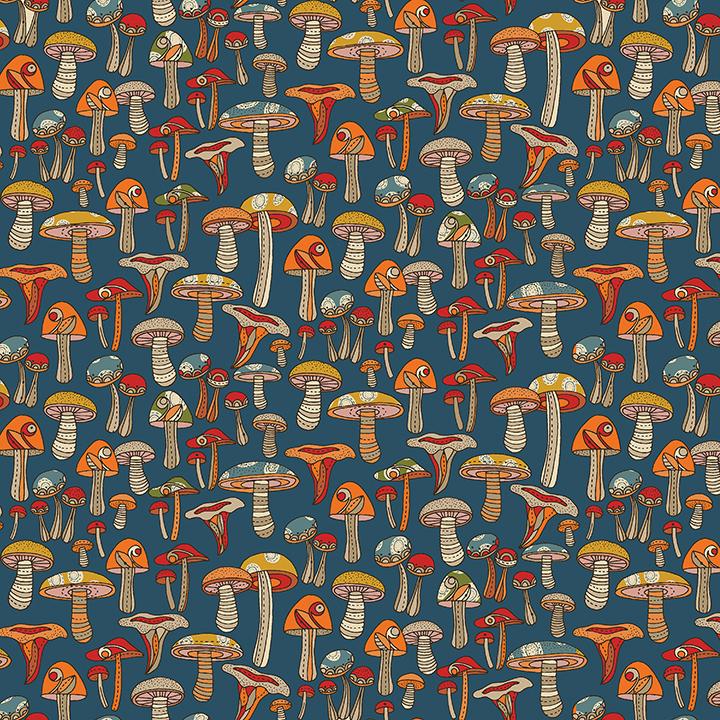 Benartex Fabric, Small Wonders, Mini Mushrooms on Teal