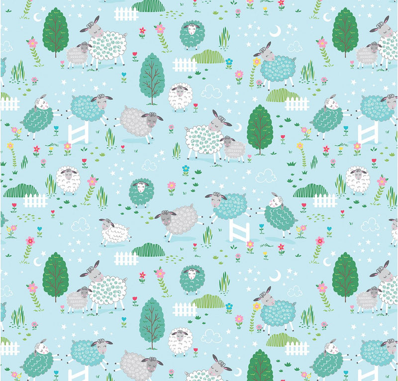 Benartex Fabric, Sweet Little Lamb, Scenic, Sky Blue