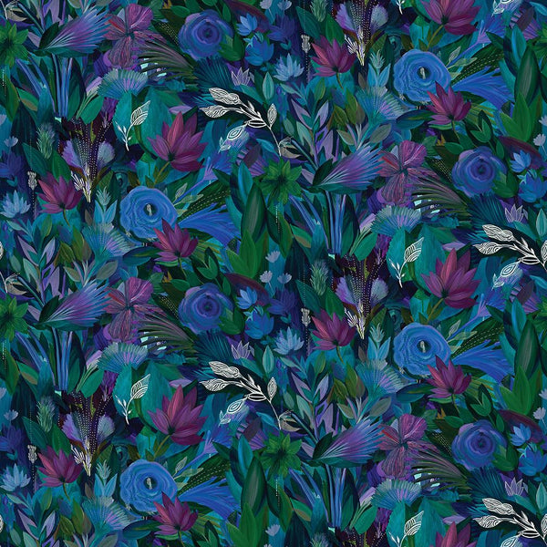 Benartex, Gentle Warriors, Feathered Floral, Blue