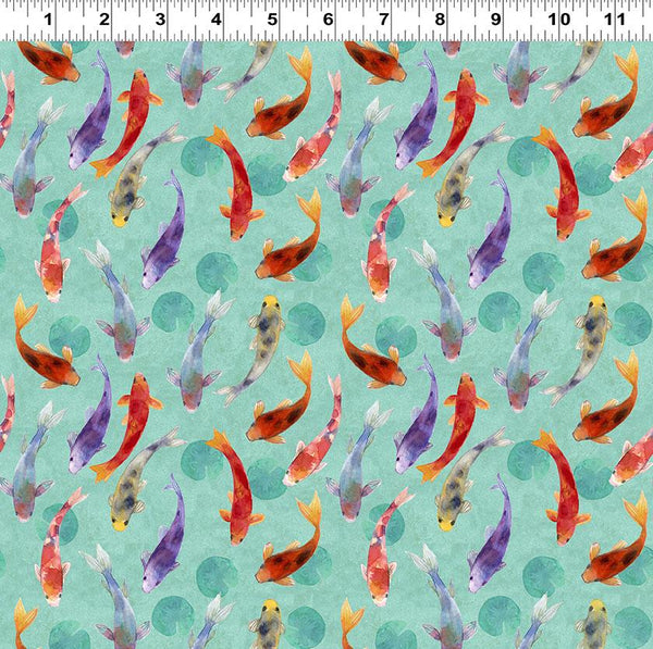 Clothworks, Lily Pond, Colorful Koi, Lt Teal