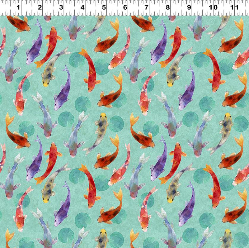 Clothworks, Lily Pond, Colorful Koi, Lt Teal