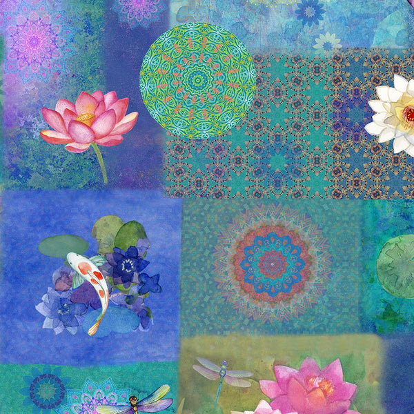 Clothworks, Lily Pond, Digital Patchwork, Blue