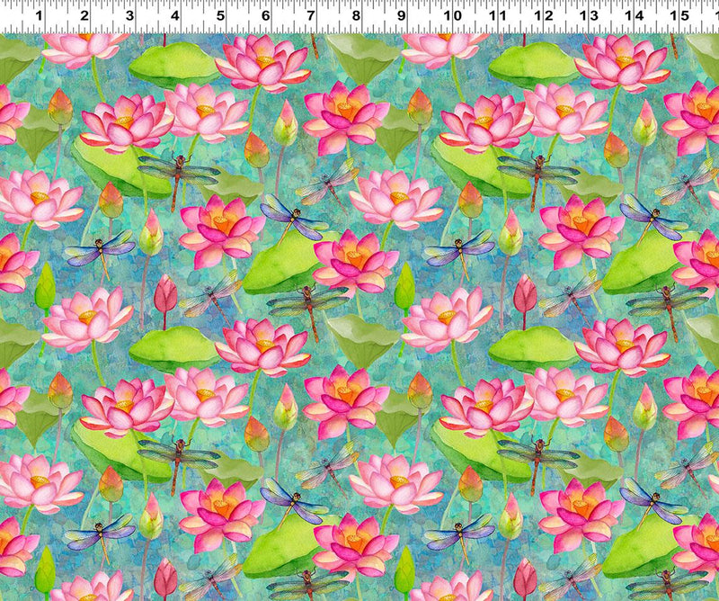 Clothworks, Lily Pond, Dragonfly Floral, Lt Teal