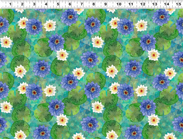 Clothworks, Lily Pond, Mixed Lilies, Teal
