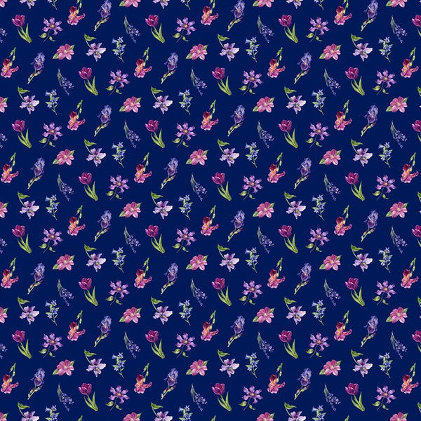 Deborahs Garden, Small Tossed Flowers on Navy