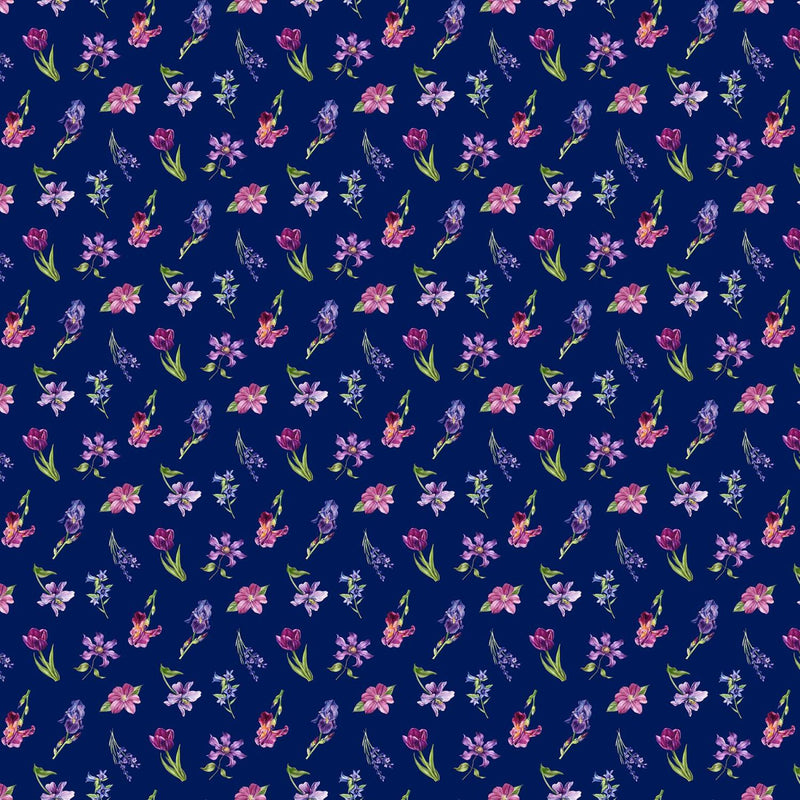 Deborahs Garden, Small Tossed Flowers on Navy