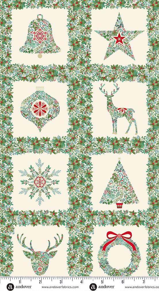 Makower UK, Good Tidings, Christmas Blocks Panel, 24" X 42", Cream