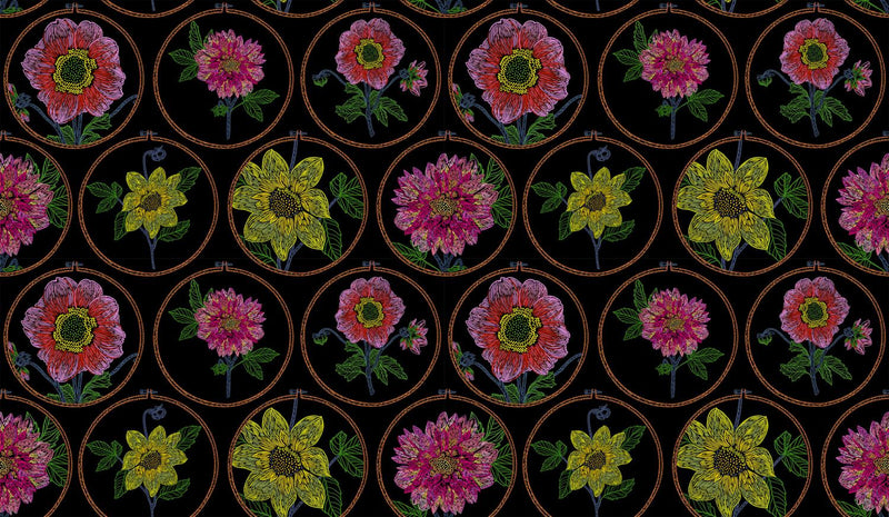 Northcott, Anna Maria Parry, Silhouette, Handsticthed Flowers, Black