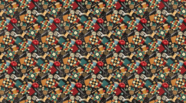 Northcott Fabrics, Stonehenge Stitchin, 9 Patches & Notions, Black