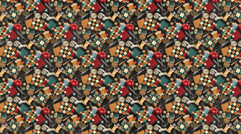 Northcott Fabrics, Stonehenge Stitchin, 9 Patches & Notions, Black