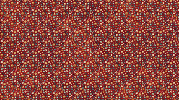 Northcott Fabrics, Stonehenge Stitchin, Scattered Buttons on Red