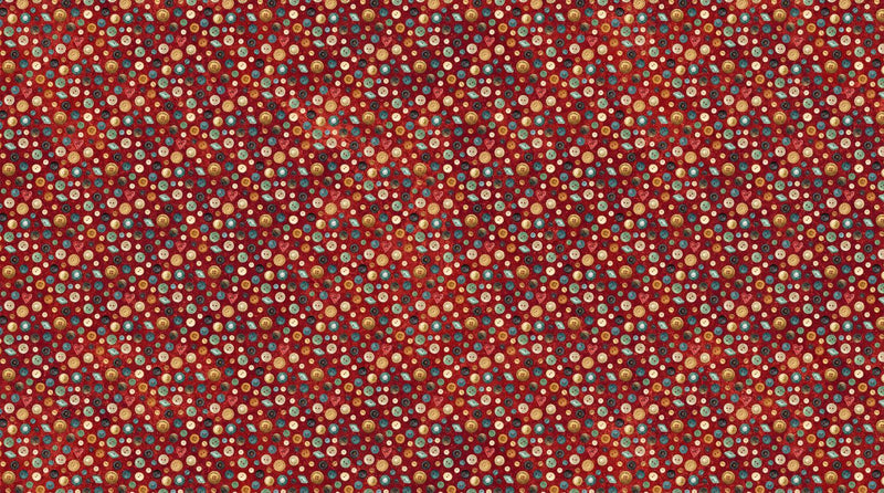 Northcott Fabrics, Stonehenge Stitchin, Scattered Buttons on Red