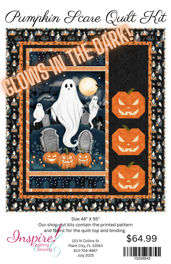 PPREORDER:Pumpkin Scare Panel Quilt Kit, Ghosts in The Graveyard "Glow" fabric