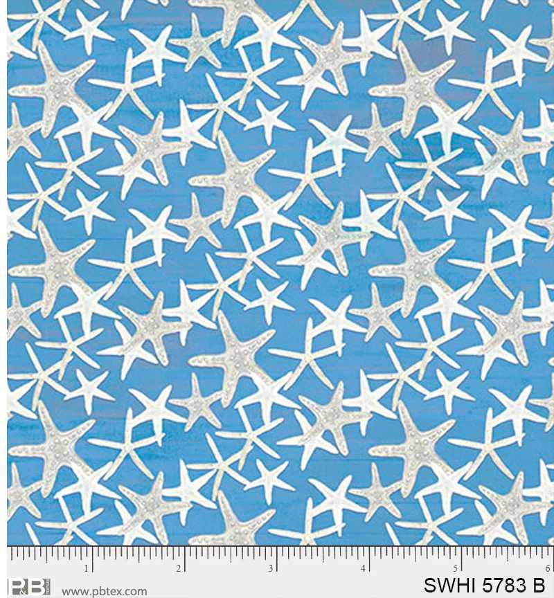 P & B Textiles, Sea Whispers, Starfish Allover, Blue