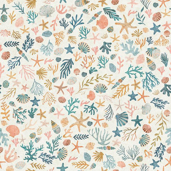 QT Fabrics, Deep Sea Dazzle, Coral, Beige, Multi