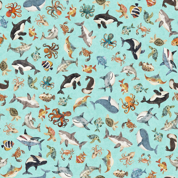QT Fabrics, Deep Sea Dazzle, Sea Creatures, Aqua