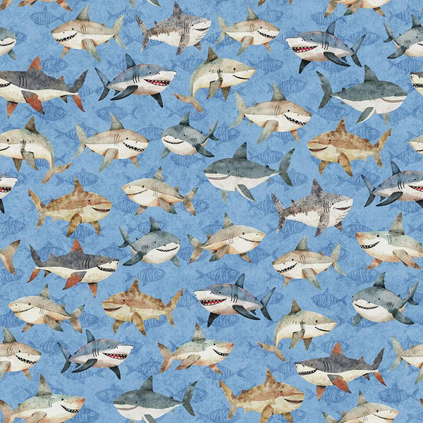 QT Fabrics, Deep Sea Dazzle, Sharks, Blue