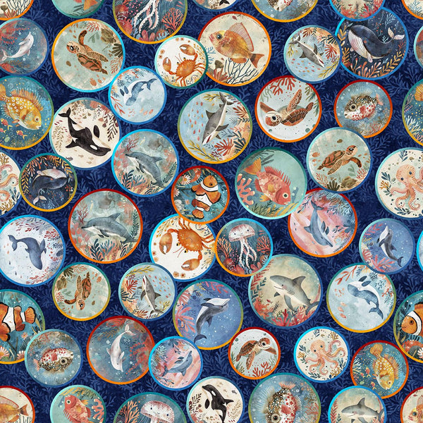 QT Fabrics, Deep Sea Dazzle, Undersea Medallions, Navy