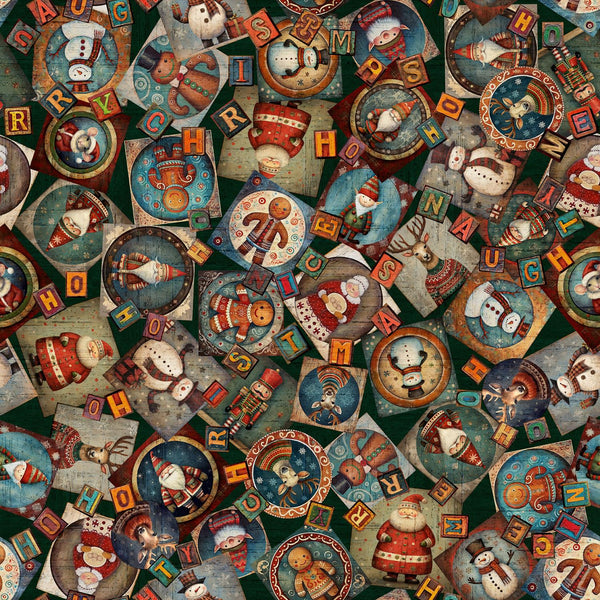 QT Fabrics, Santa's Workshop, Christmas Collage, Black