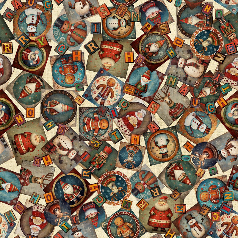 QT Fabrics, Santa's Workshop, Christmas Collage, Cream