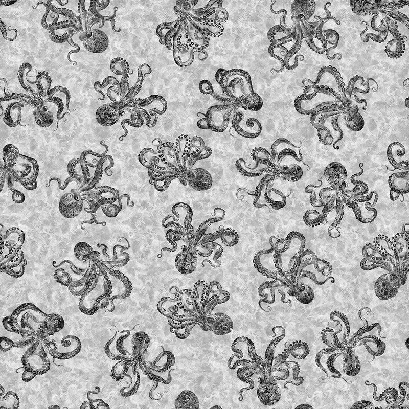 Qt Fabrics, Ocean Blues, Octopus, Gray