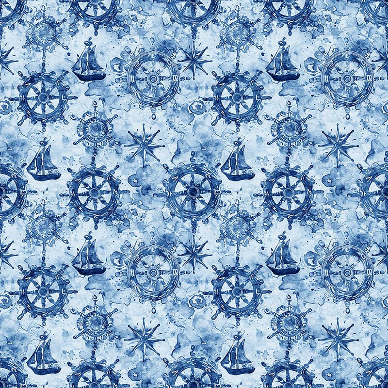 Qt Fabrics, Ocean Blues, Ships Wheels, Blue