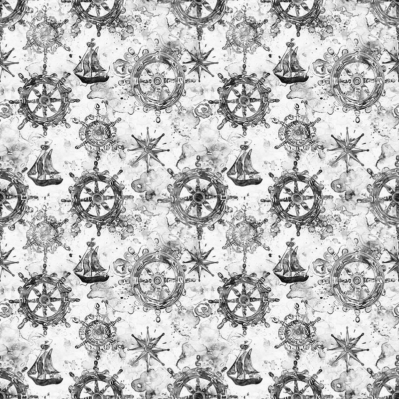 Qt Fabrics, Ocean Blues, Ships Wheels, Gray