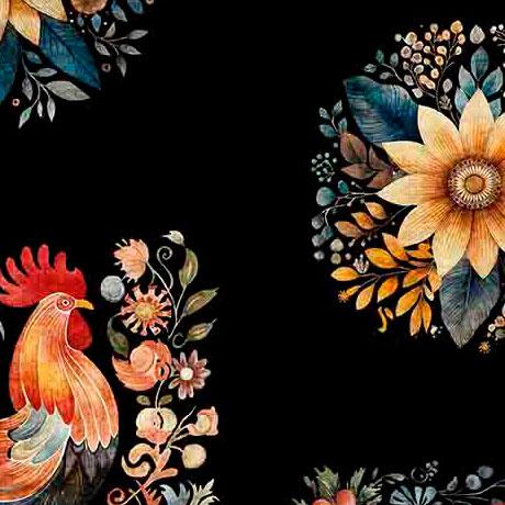 Quilting Treasures, Poultry In Motion, Roosters & Sunflowers, Black