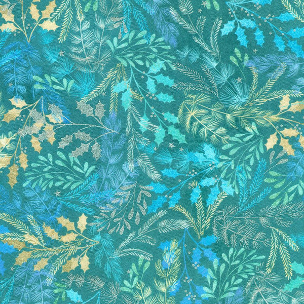 Robert Kaufman, Sonja Rescek, Peaceful, Leaves & Holly Sprigs, Teal