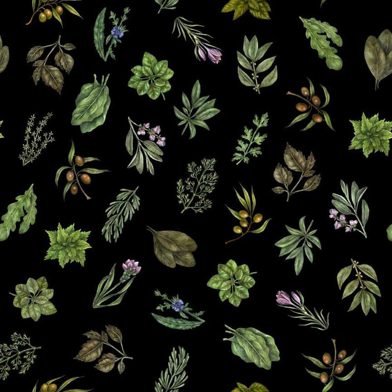 Sizzle & Spice by QT Fabrics, Tossed Herbs on Black
