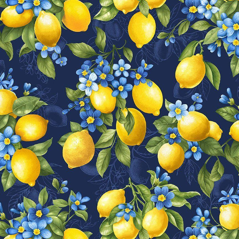 Timeless Treasures, Limoncello, Large lemons on navy