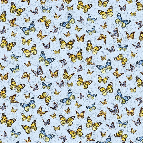 Timeless Treasures, Limoncello, Tossed Butterflies on Blue