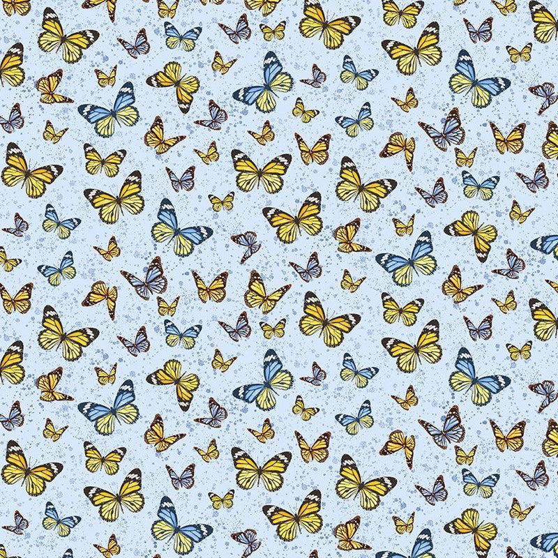 Timeless Treasures, Limoncello, Tossed Butterflies on Blue