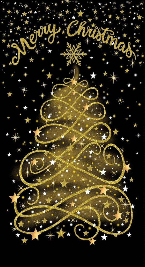 Timeless Treasures, Merry Christmas Metallic Panel, Black & Gold