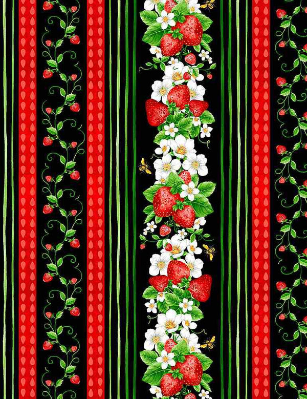 Timeless Treasures, Strawberry  Fields, 11" Stripe - Black