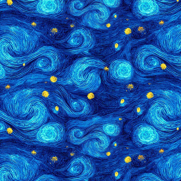 Timeless Treasures, Sunflower Symphony, Swirl Wind Texture, Blue
