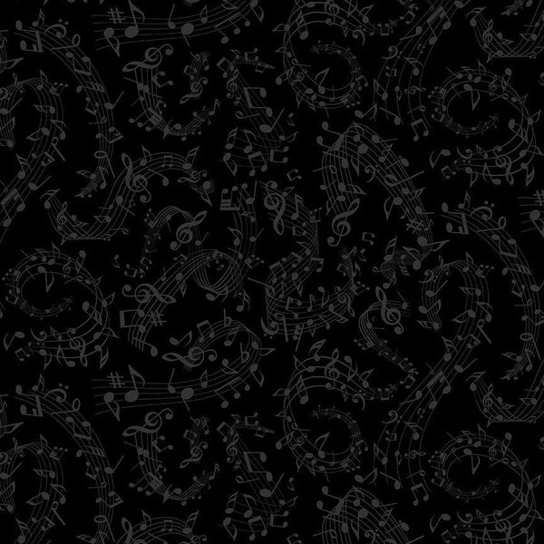 Timeless Treasures, Swirl Music Notes, Black on Black