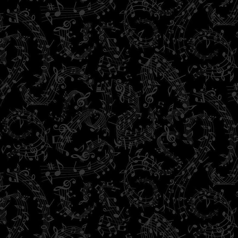 Timeless Treasures, Swirl Music Notes, Black on Black