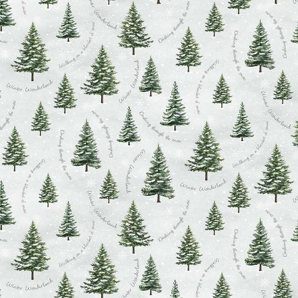 Timeless Treasures, Winter Wonderland, Trees with Winter Script
