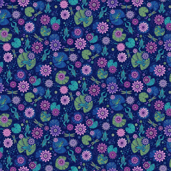 Waters Edge, Tossed Floral with Frogs, Navy