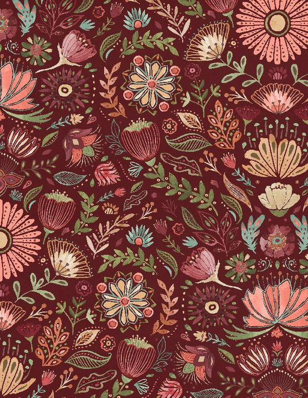 Wilmington Fabrics, Floralscape, Packed Floral on Burgundy