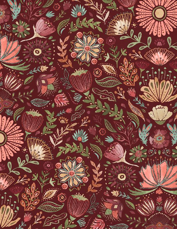 Wilmington Fabrics, Floralscape, Packed Floral on Burgundy