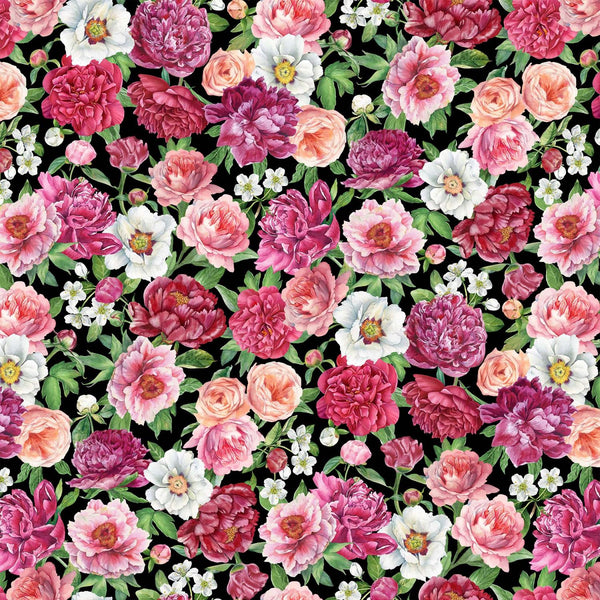 Blush by Northcott, Tossed Floral on Black